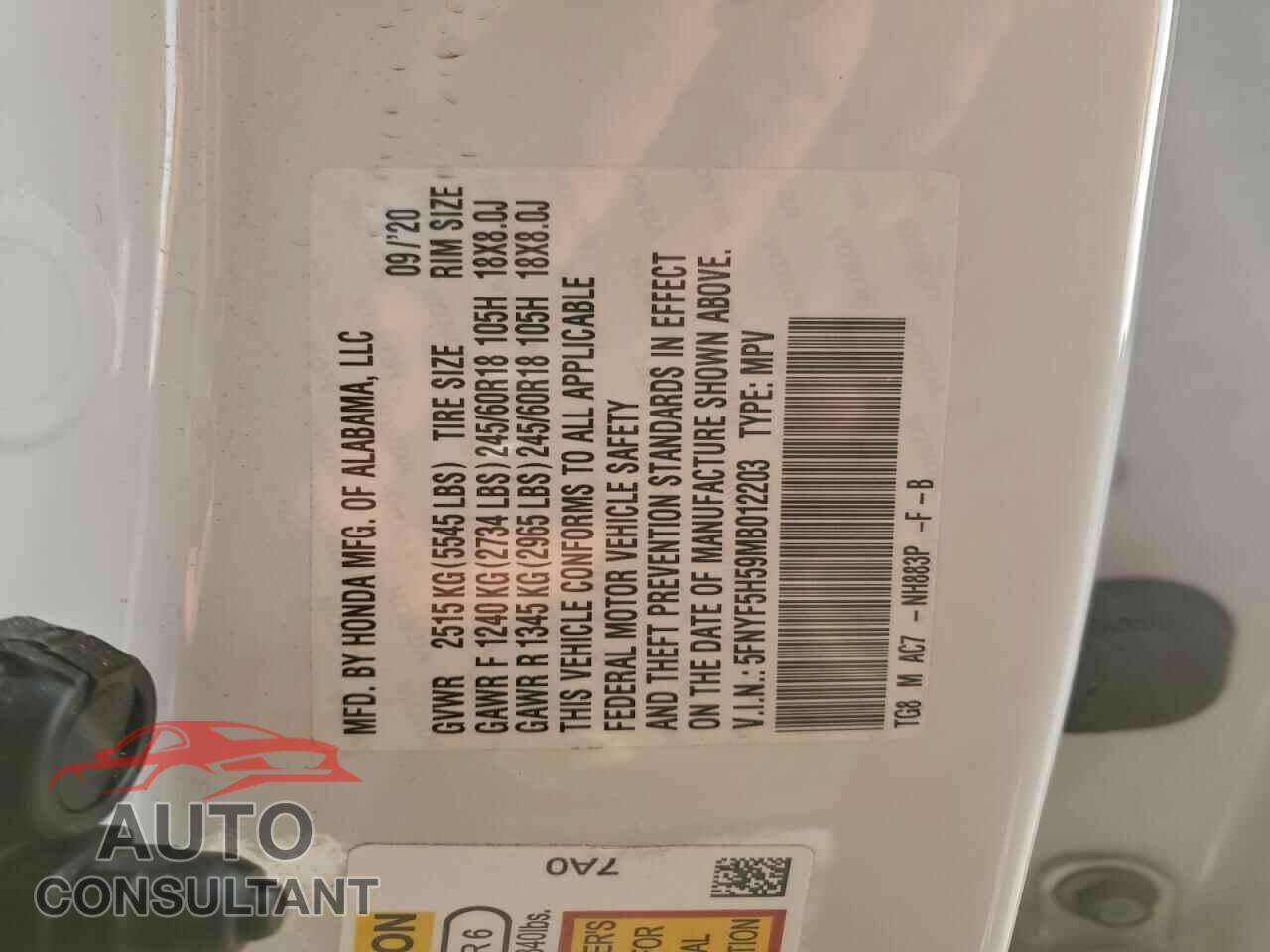 HONDA PILOT 2021 - 5FNYF5H59MB012203
