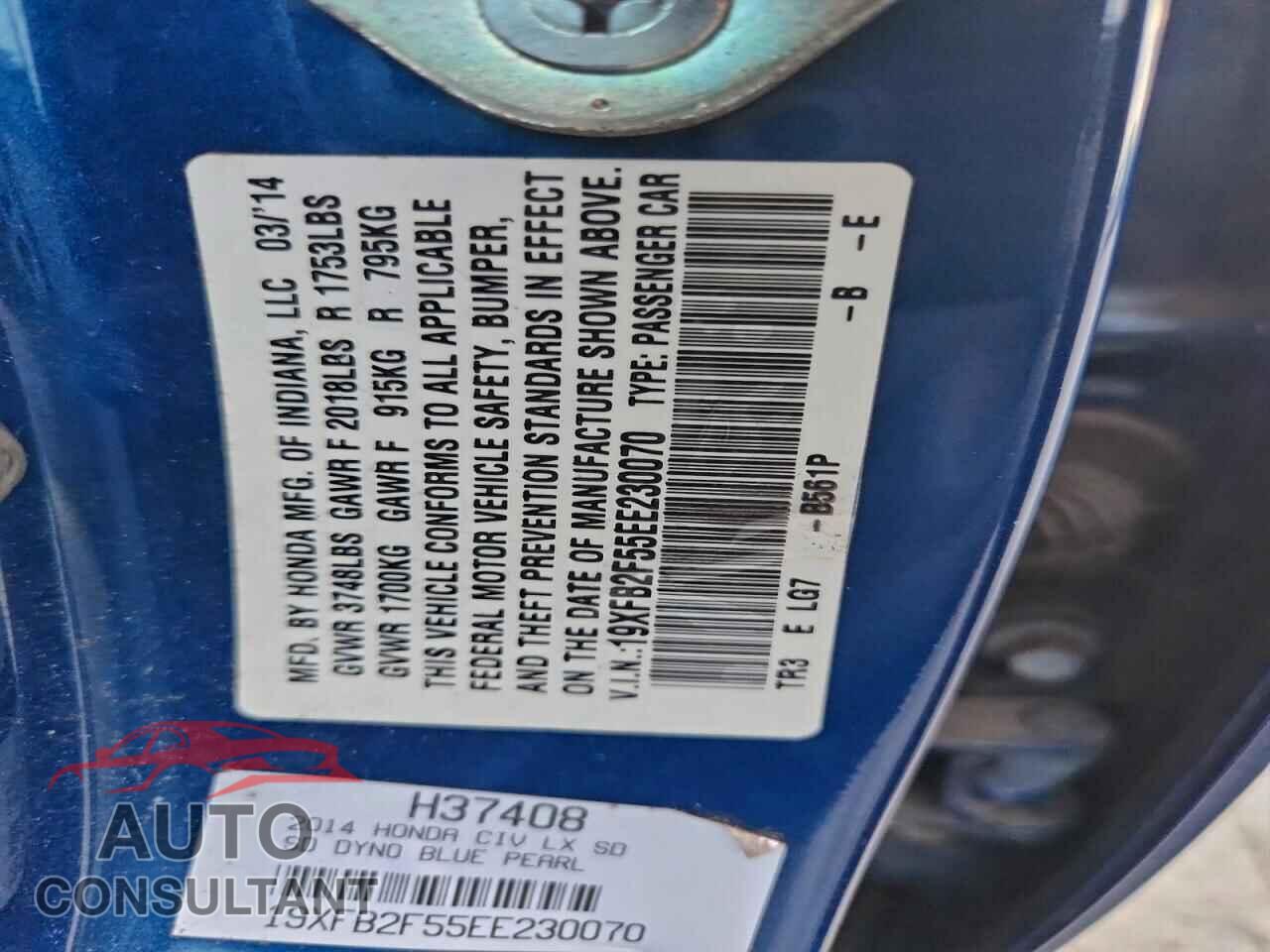 HONDA CIVIC 2014 - 19XFB2F55EE230070