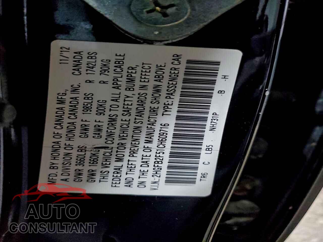 HONDA CIVIC 2012 - 2HGFB2F51CH609716