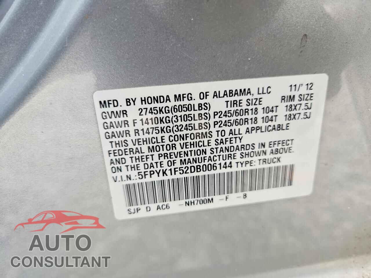 HONDA RIDGELINE 2013 - 5FPYK1F52DB006144