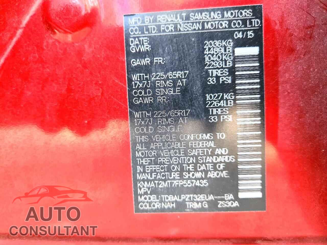 NISSAN ROGUE 2015 - KNMAT2MT7FP557435