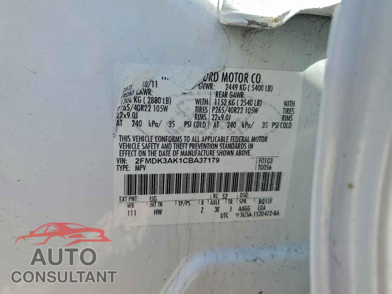 FORD EDGE 2012 - 2FMDK3AK1CBA37179