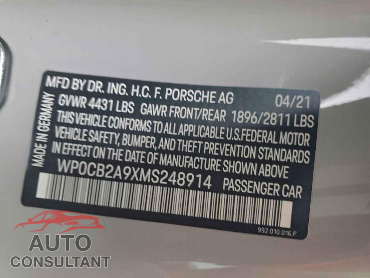 PORSCHE 911 2021 - WP0CB2A9XMS248914