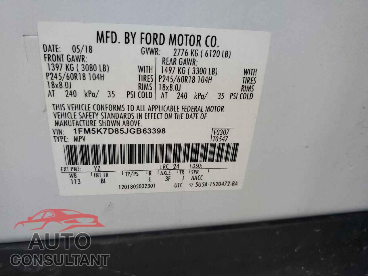 FORD EXPLORER 2018 - 1FM5K7D85JGB63398