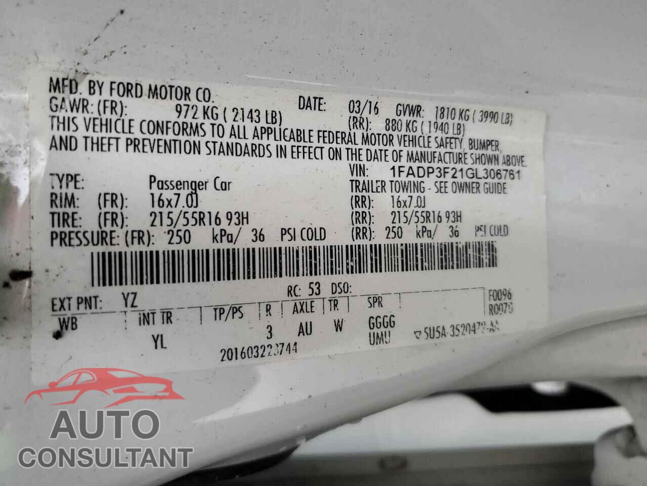 FORD FOCUS 2016 - 1FADP3F21GL306761
