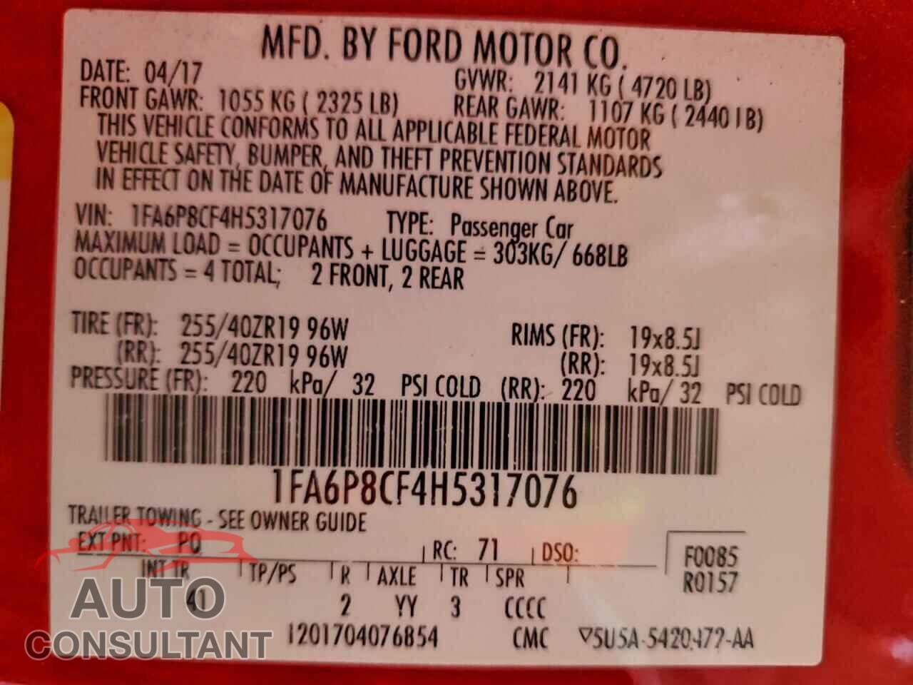 FORD MUSTANG 2017 - 1FA6P8CF4H5317076