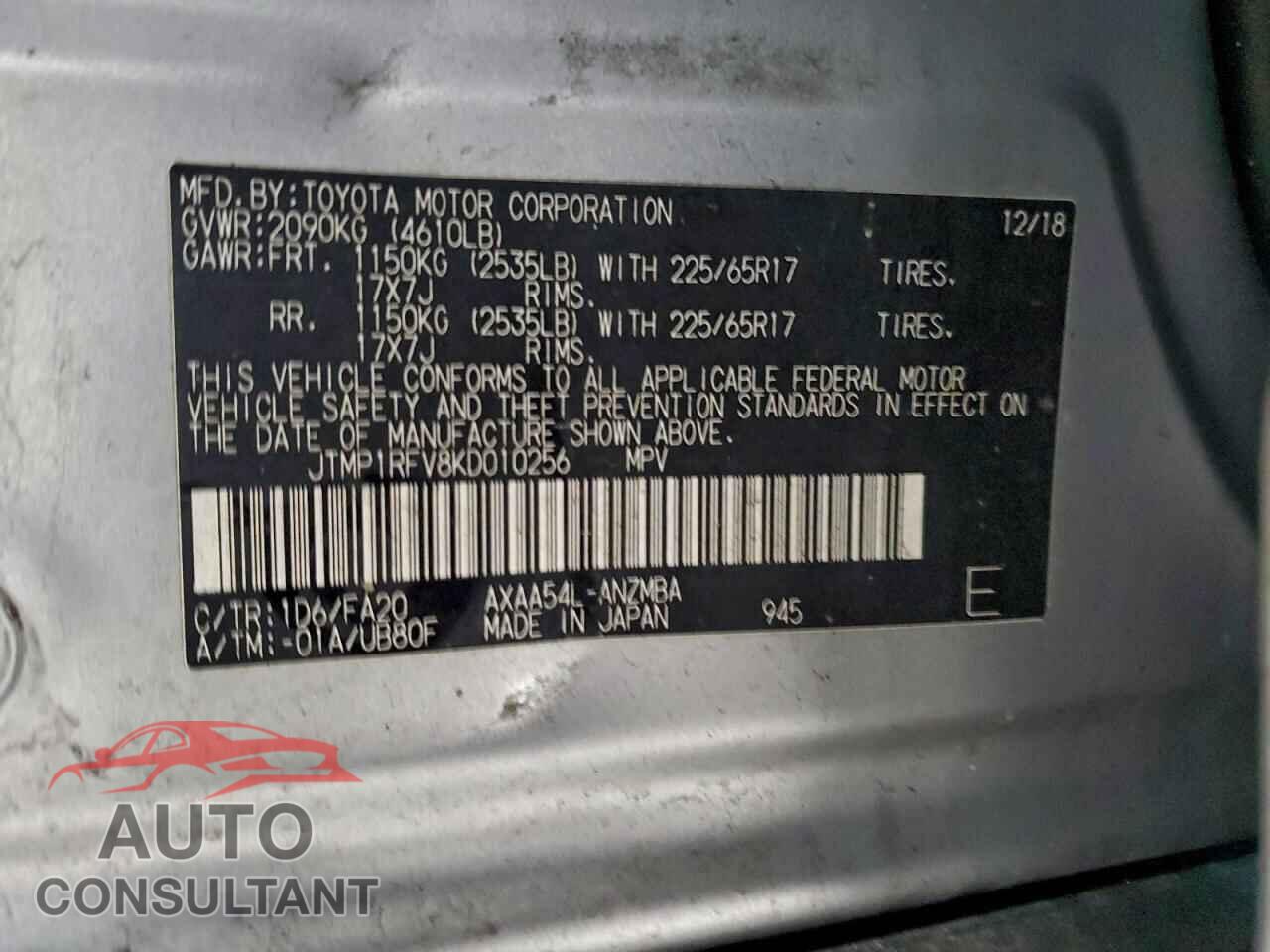 TOYOTA RAV4 2019 - JTMP1RFV8KD010256