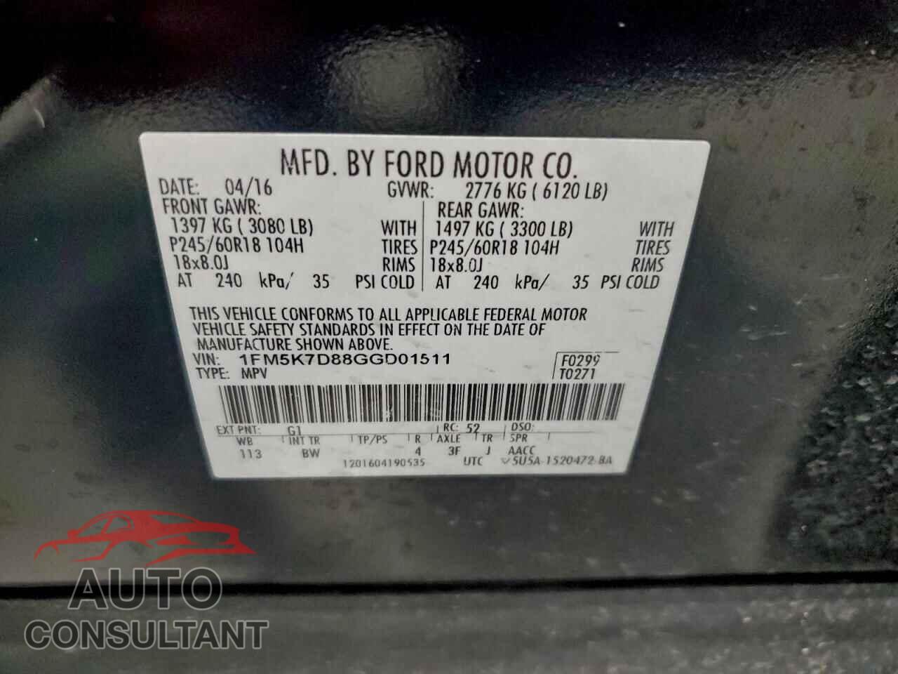 FORD EXPLORER 2016 - 1FM5K7D88GGD01511