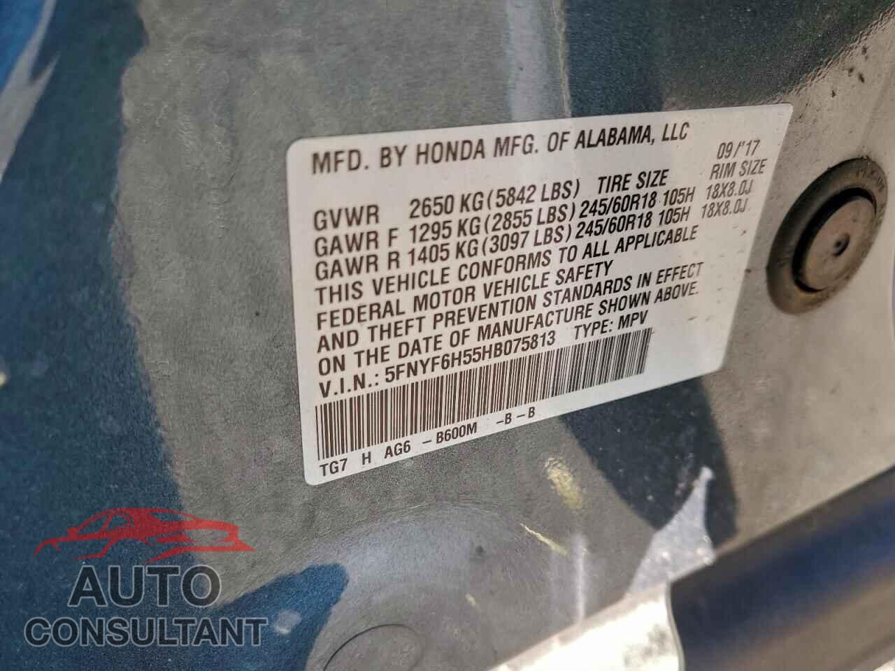 HONDA PILOT 2017 - 5FNYF6H55HB075813