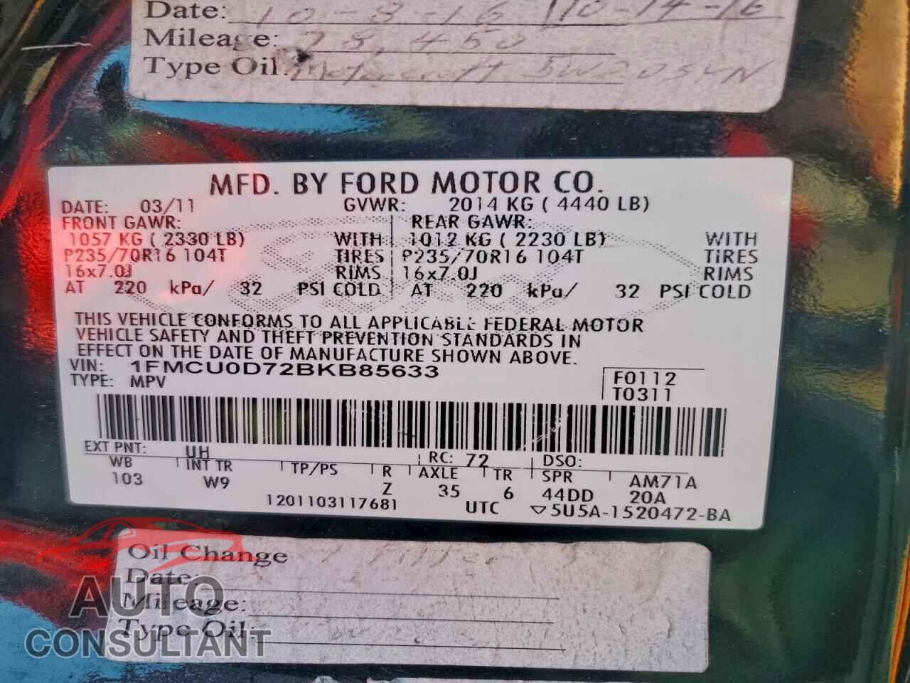 FORD ESCAPE 2011 - 1FMCU0D72BKB85633