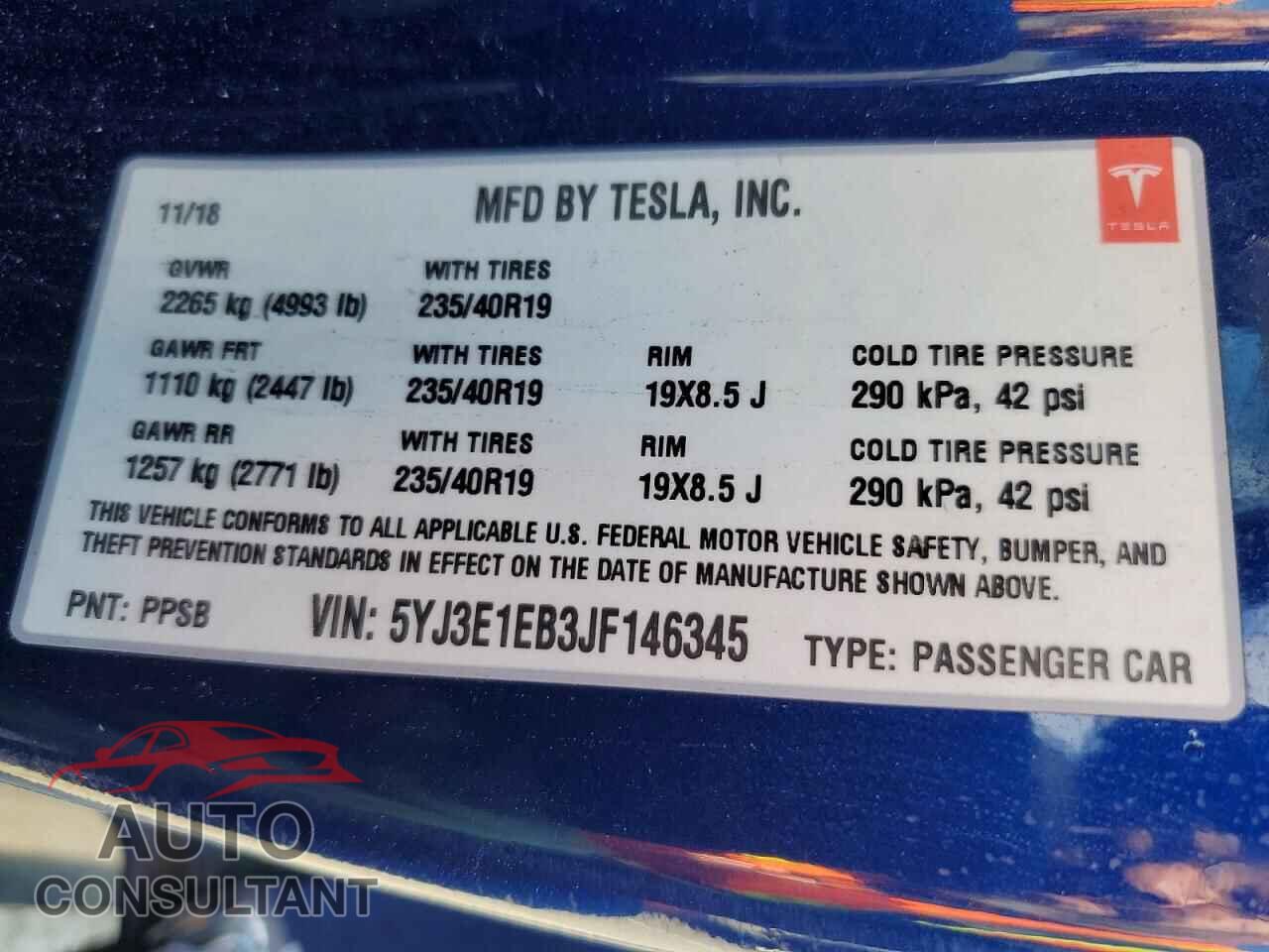 TESLA MODEL 3 2018 - 5YJ3E1EB3JF146345