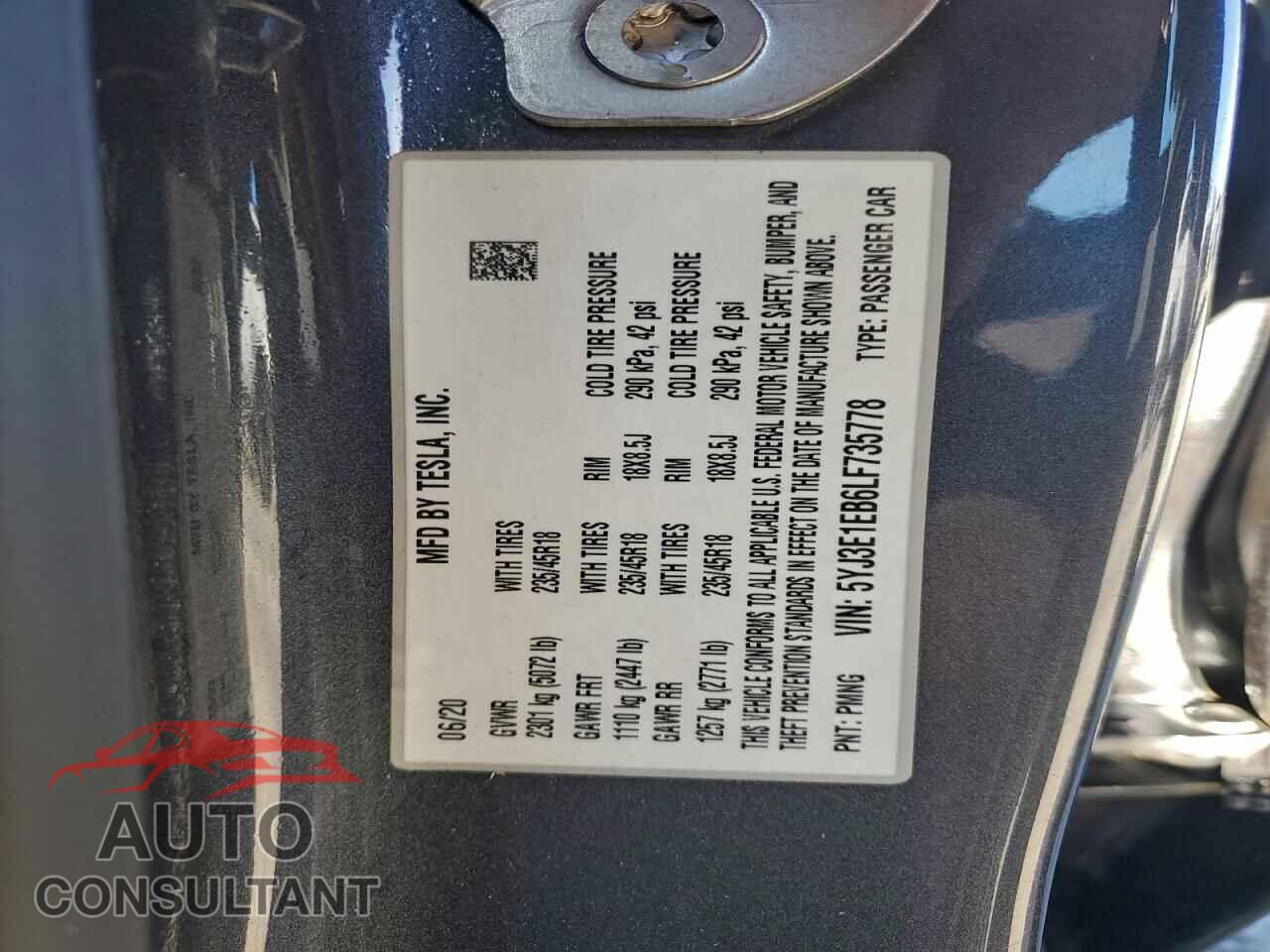 TESLA MODEL 3 2020 - 5YJ3E1EB6LF735778