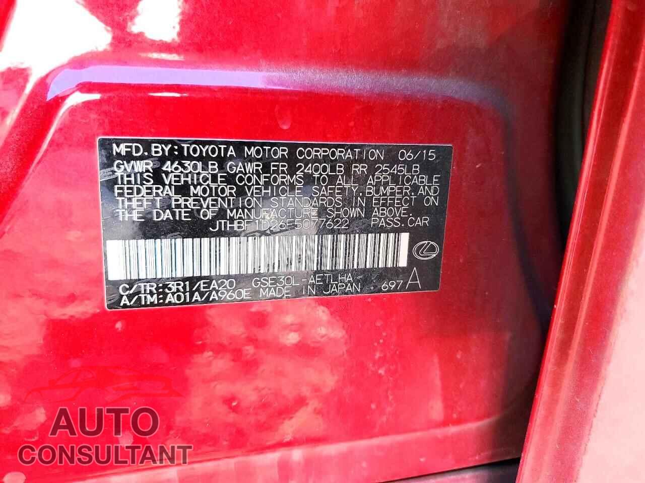 LEXUS IS 2015 - JTHBF1D26F5077622