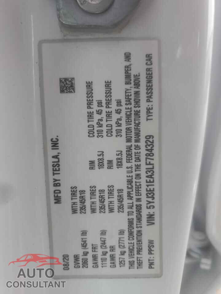 TESLA MODEL 3 2020 - 5YJ3E1EA3LF784329