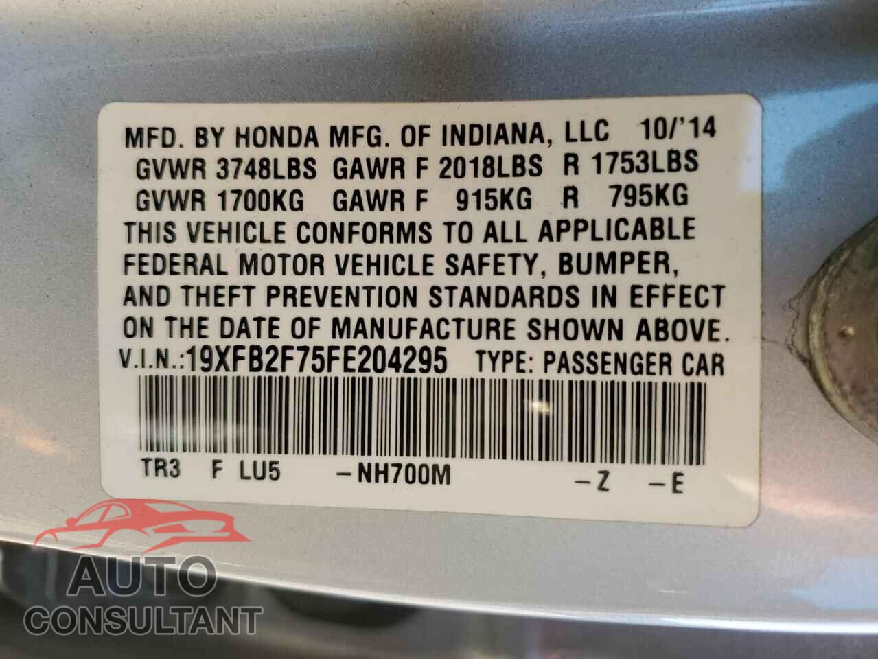 HONDA CIVIC 2015 - 19XFB2F75FE204295