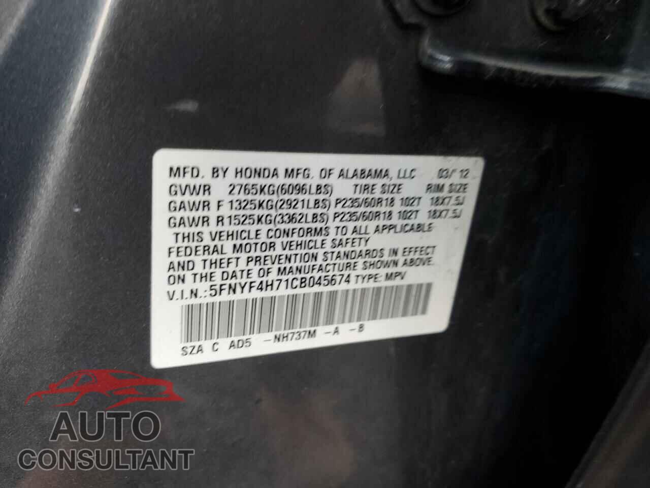 HONDA PILOT 2012 - 5FNYF4H71CB045674