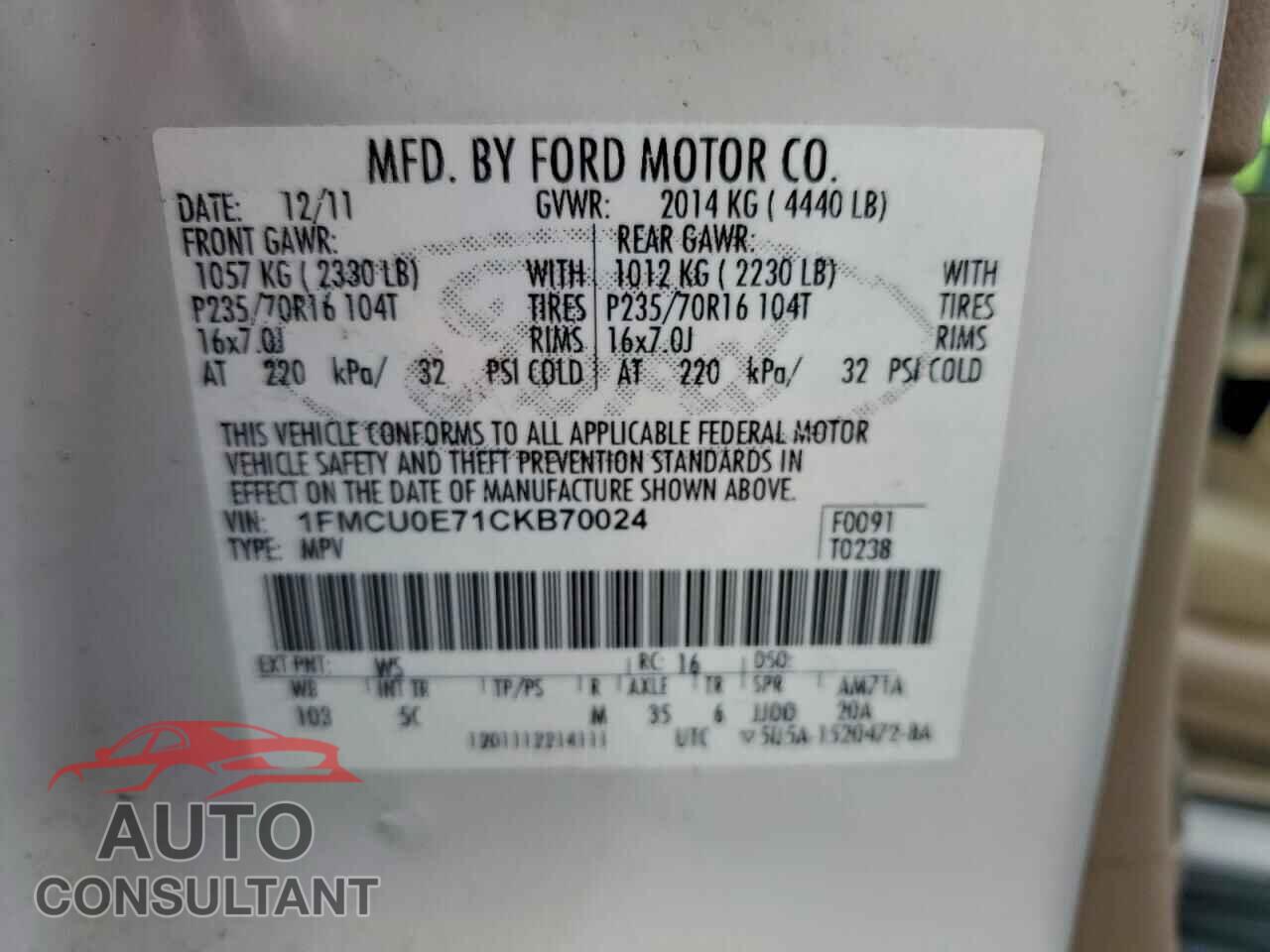 FORD ESCAPE 2012 - 1FMCU0E71CKB70024