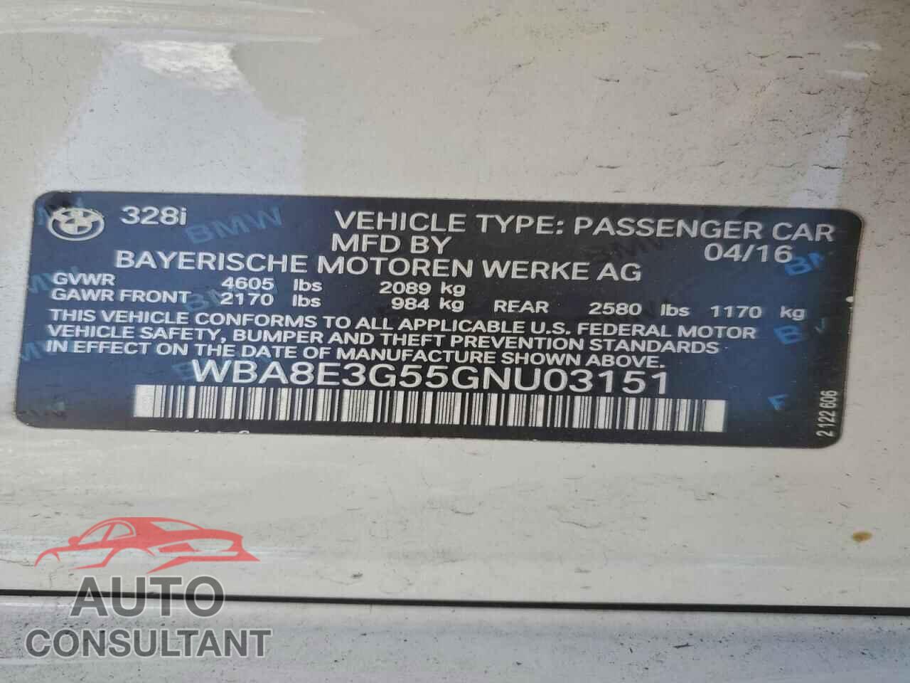 BMW 3 SERIES 2016 - WBA8E3G55GNU03151