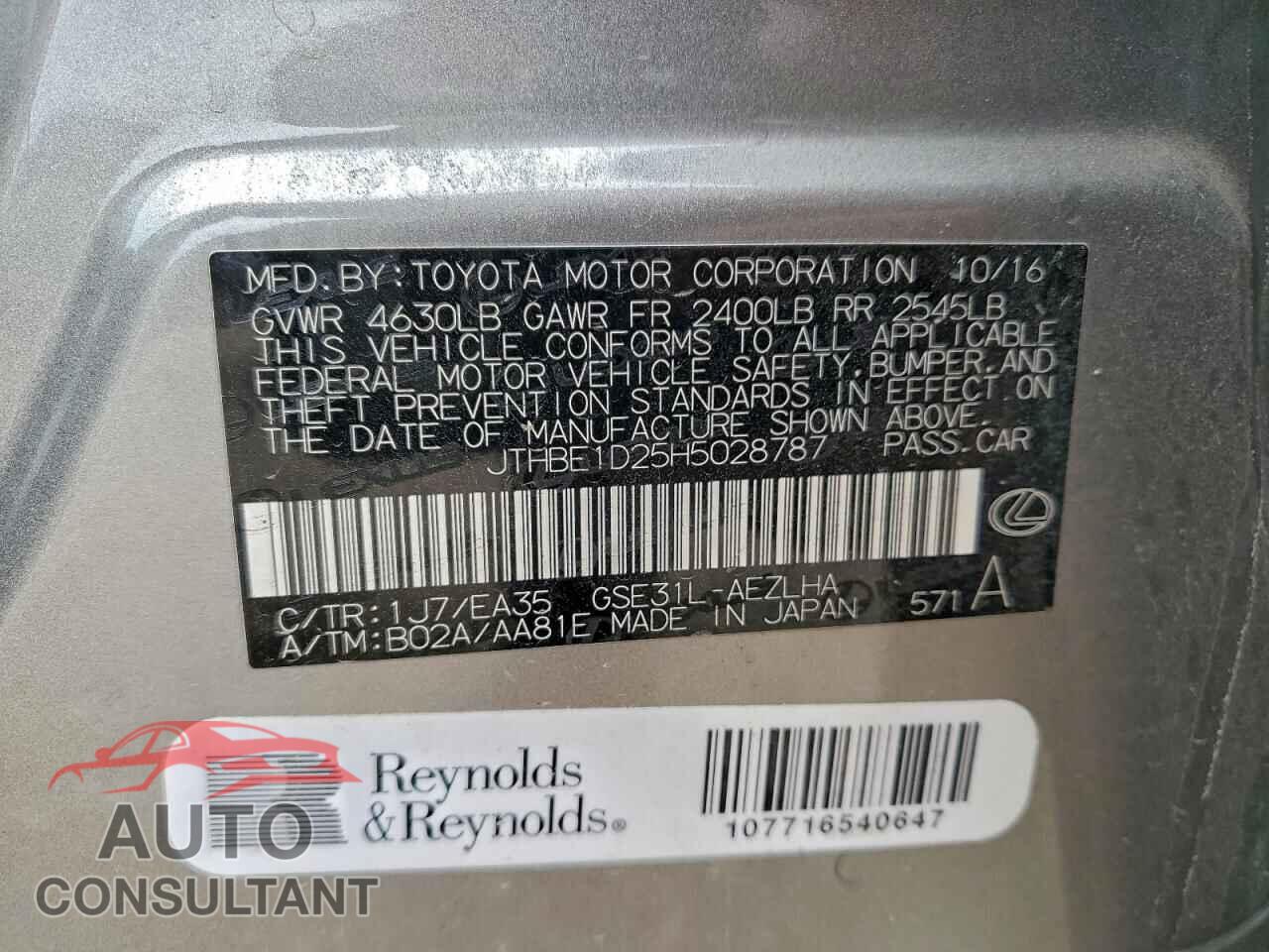 LEXUS IS 2017 - JTHBE1D25H5028787