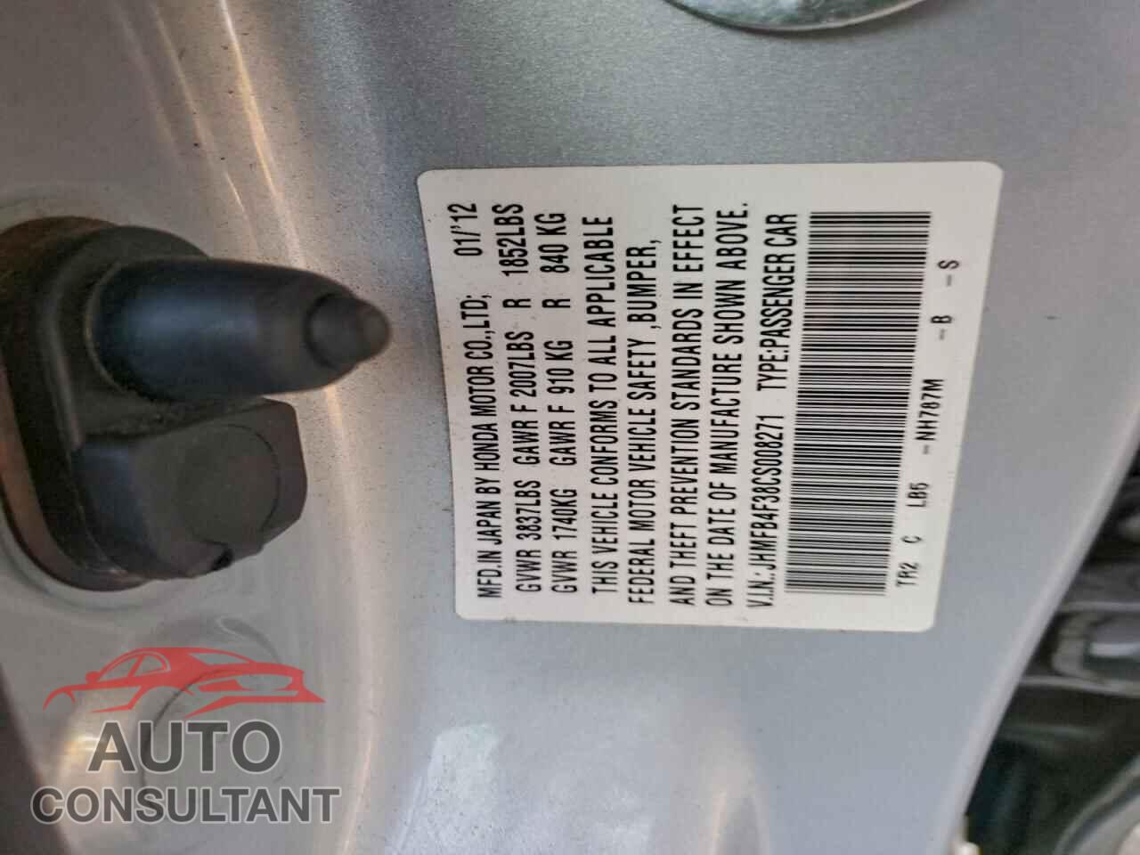 HONDA CIVIC 2012 - JHMFB4F38CS008271