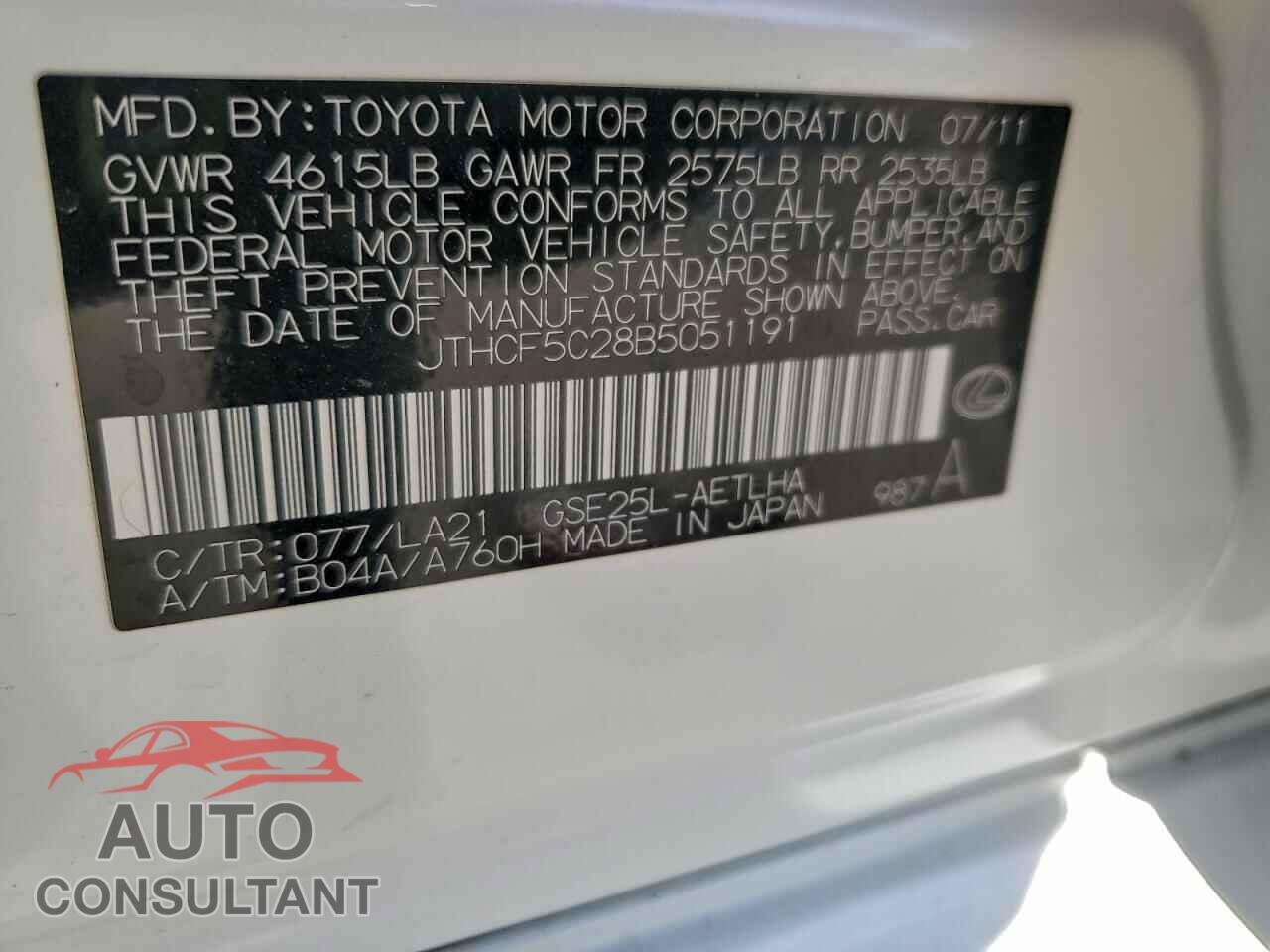 LEXUS IS 2011 - JTHCF5C28B5051191