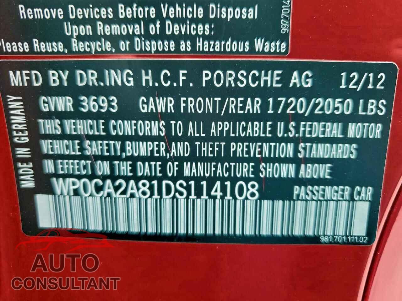 PORSCHE BOXSTER 2013 - WP0CA2A81DS114108
