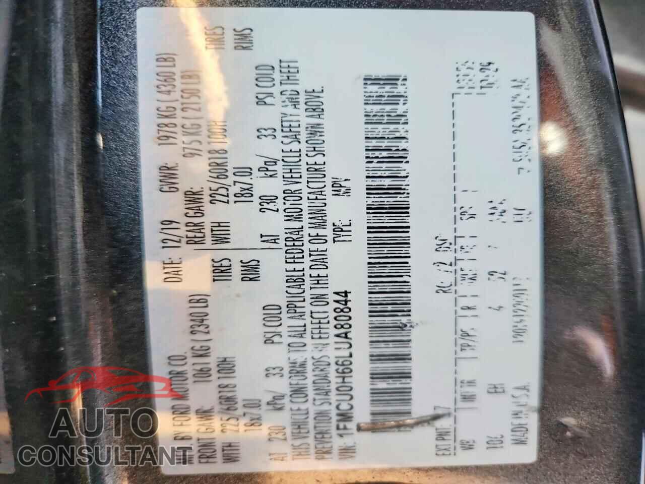 FORD ESCAPE 2020 - 1FMCU0H66LUA80844