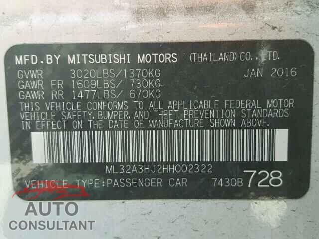MITSUBISHI MIRAGE 2017 - ML32A3HJ2HH002322