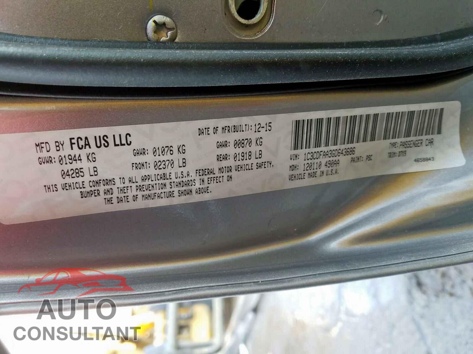 DODGE DART 2016 - ML32F4FJ2LHF02745