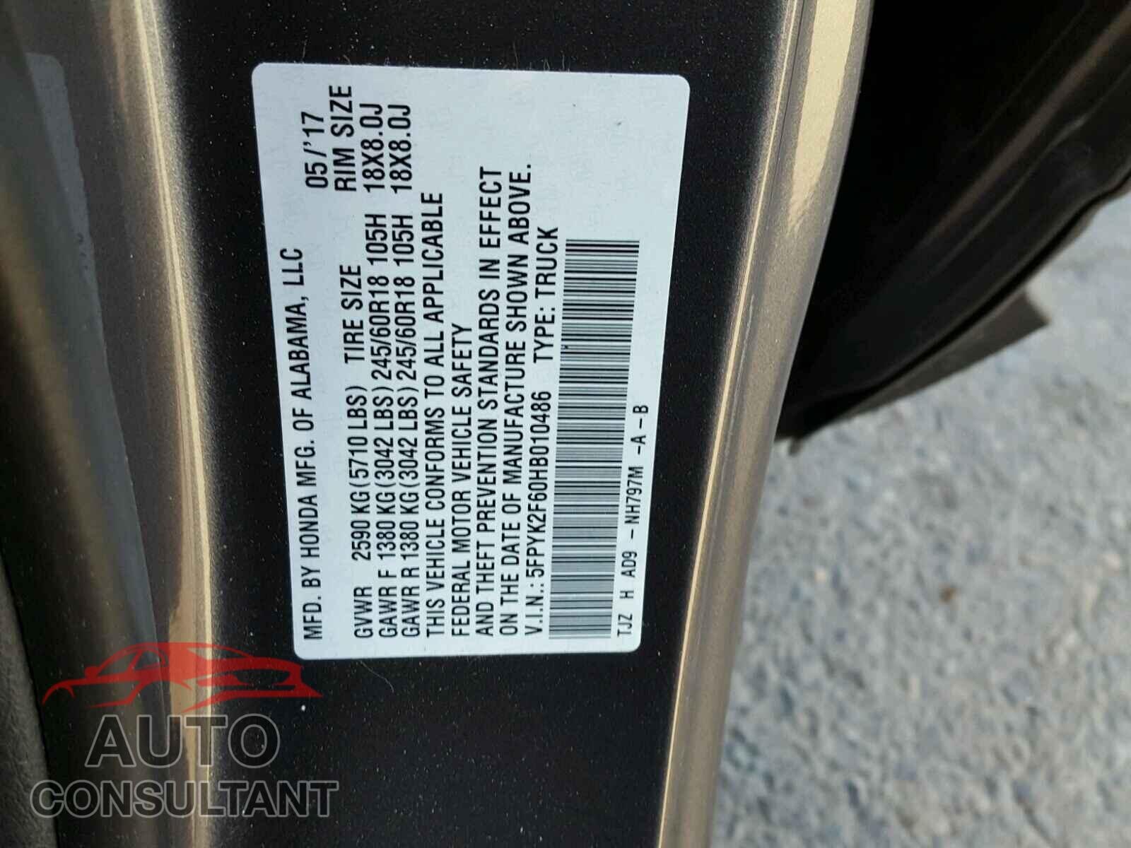 HONDA RIDGELINE 2017 - 5FPYK2F60HB010486