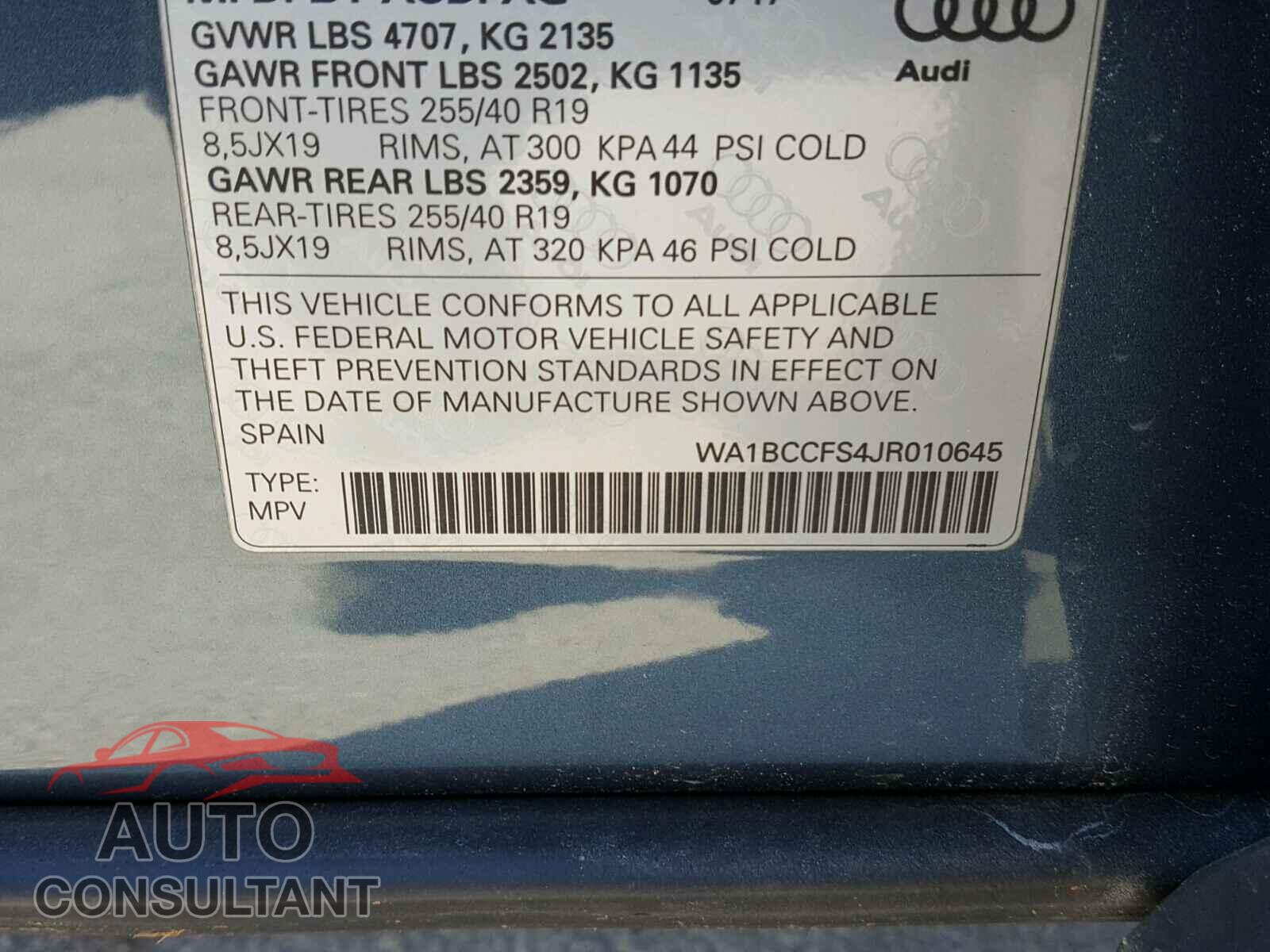 AUDI Q3 2018 - WA1BCCFS4JR010645