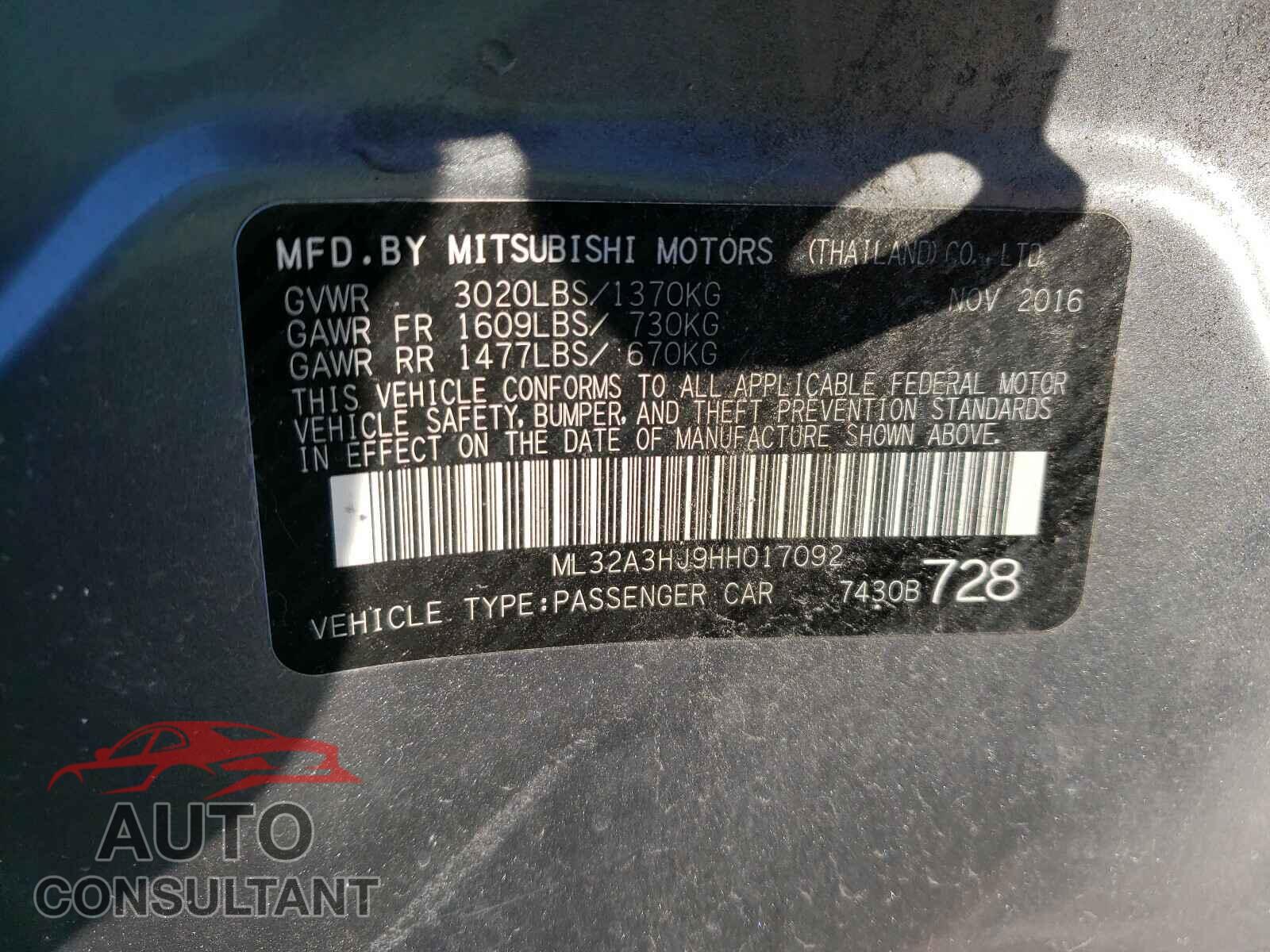 MITSUBISHI MIRAGE 2017 - ML32A3HJ9HH017092