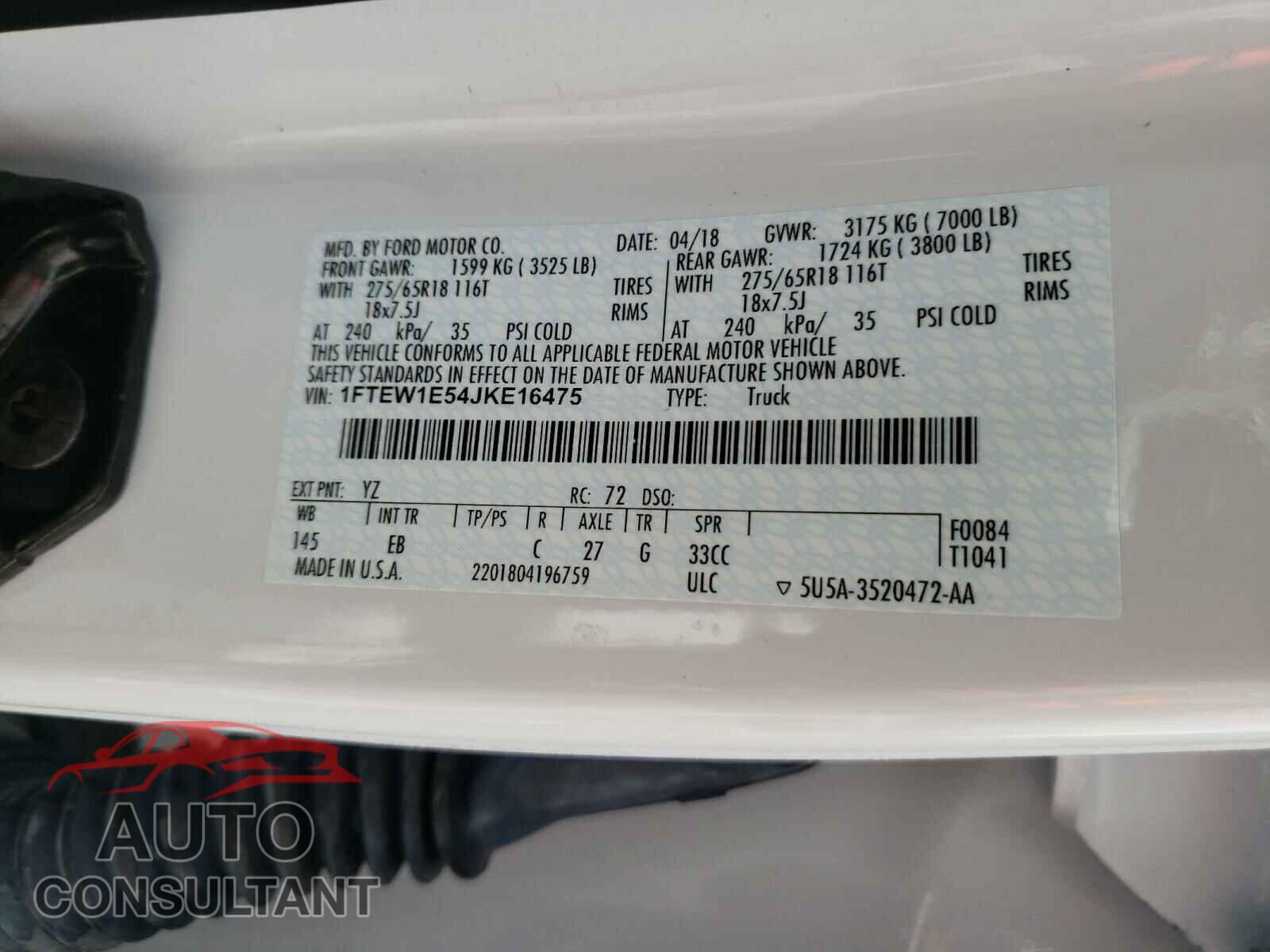 FORD F150 2018 - 1FTEW1E54JKE16475