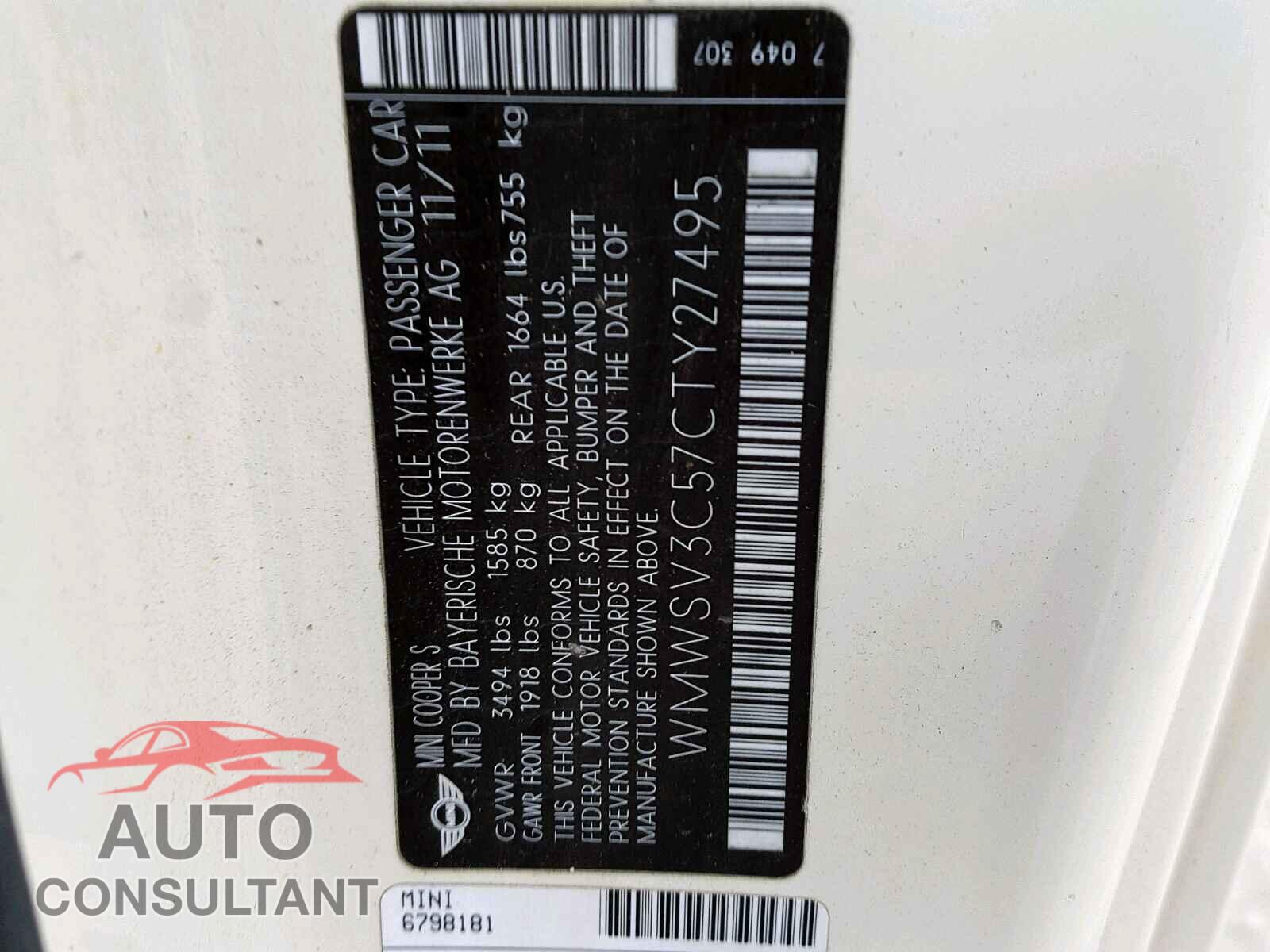 MINI COOPER 2012 - 1VWBA7A37JC025630
