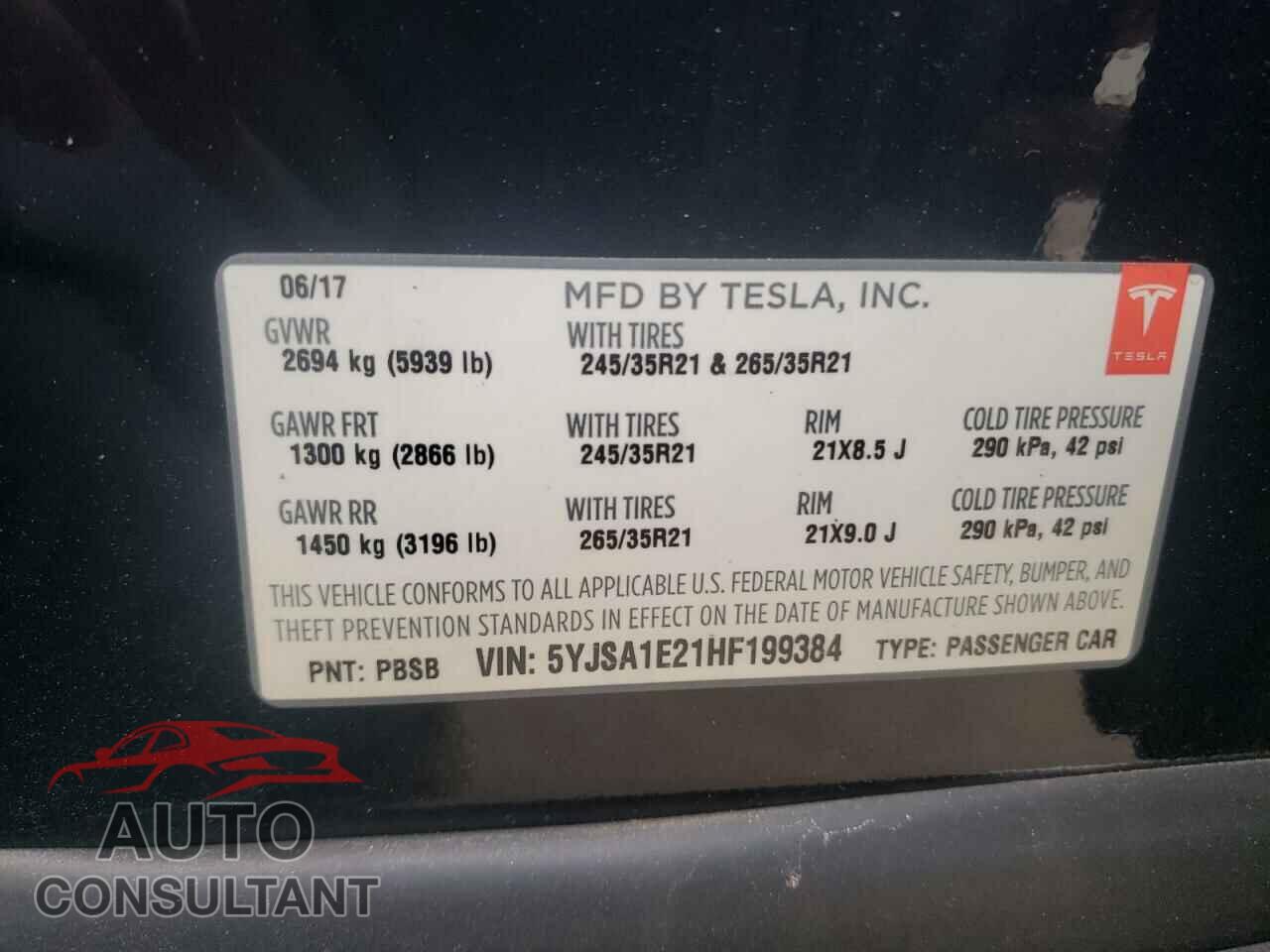 TESLA MODEL S 2017 - 5YJSA1E21HF199384
