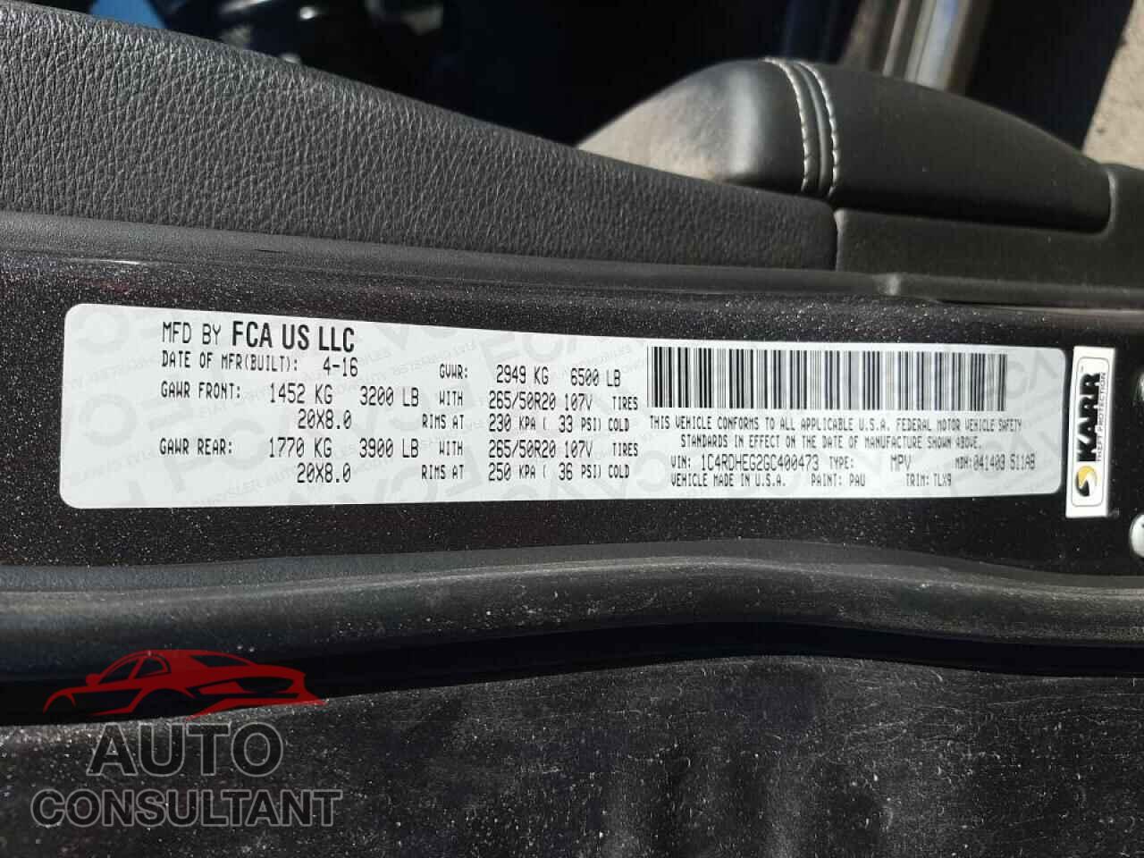 DODGE DURANGO 2016 - 1C4RDHEG2GC400473