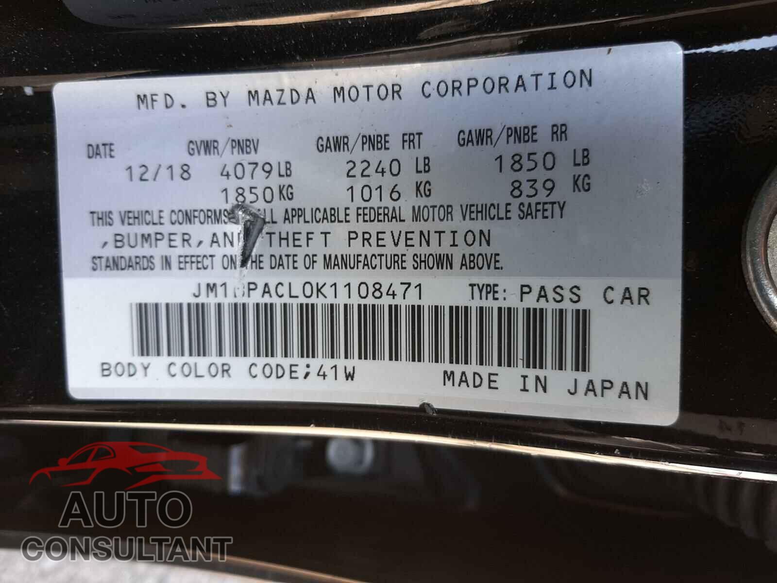 MAZDA 3 2019 - JM1BPACL0K1108471