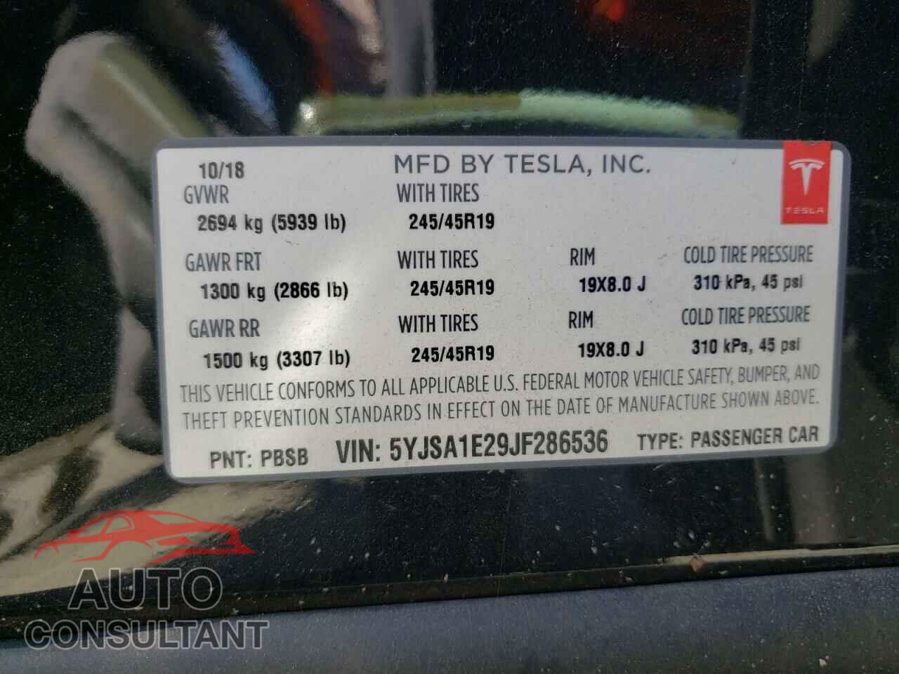 TESLA MODEL S 2018 - 5YJSA1E29JF286536