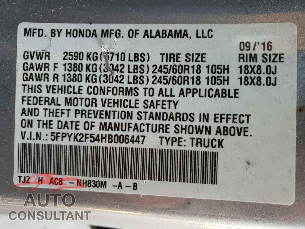 HONDA RIDGELINE 2017 - 5FPYK2F54HB006447