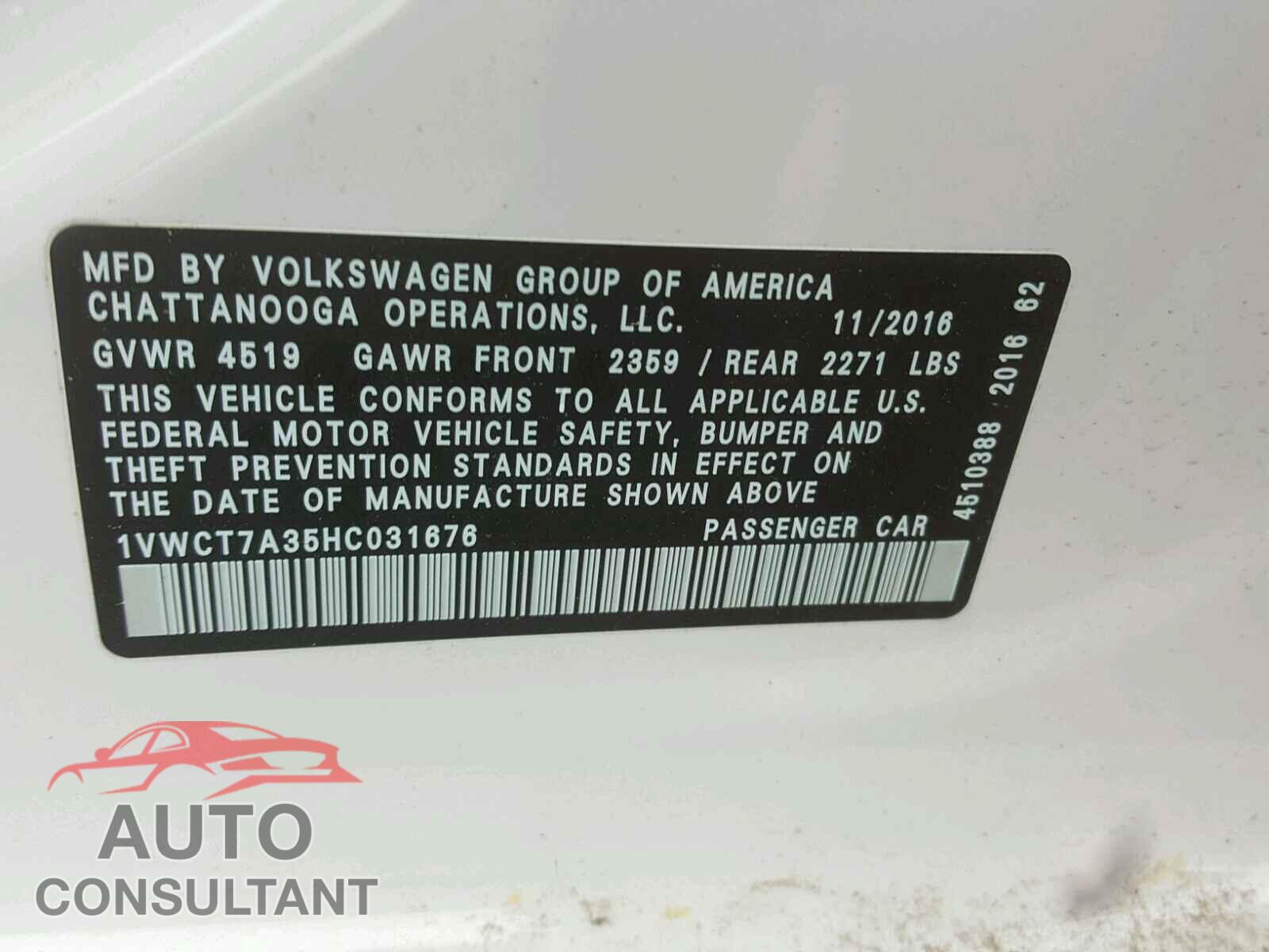 VOLKSWAGEN PASSAT 2017 - 1VWCT7A35HC031676