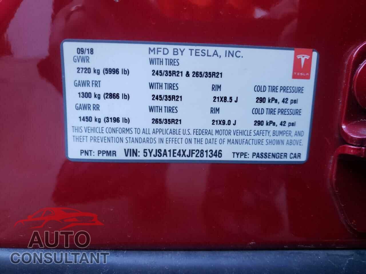 TESLA MODEL S 2018 - 5YJSA1E4XJF281346