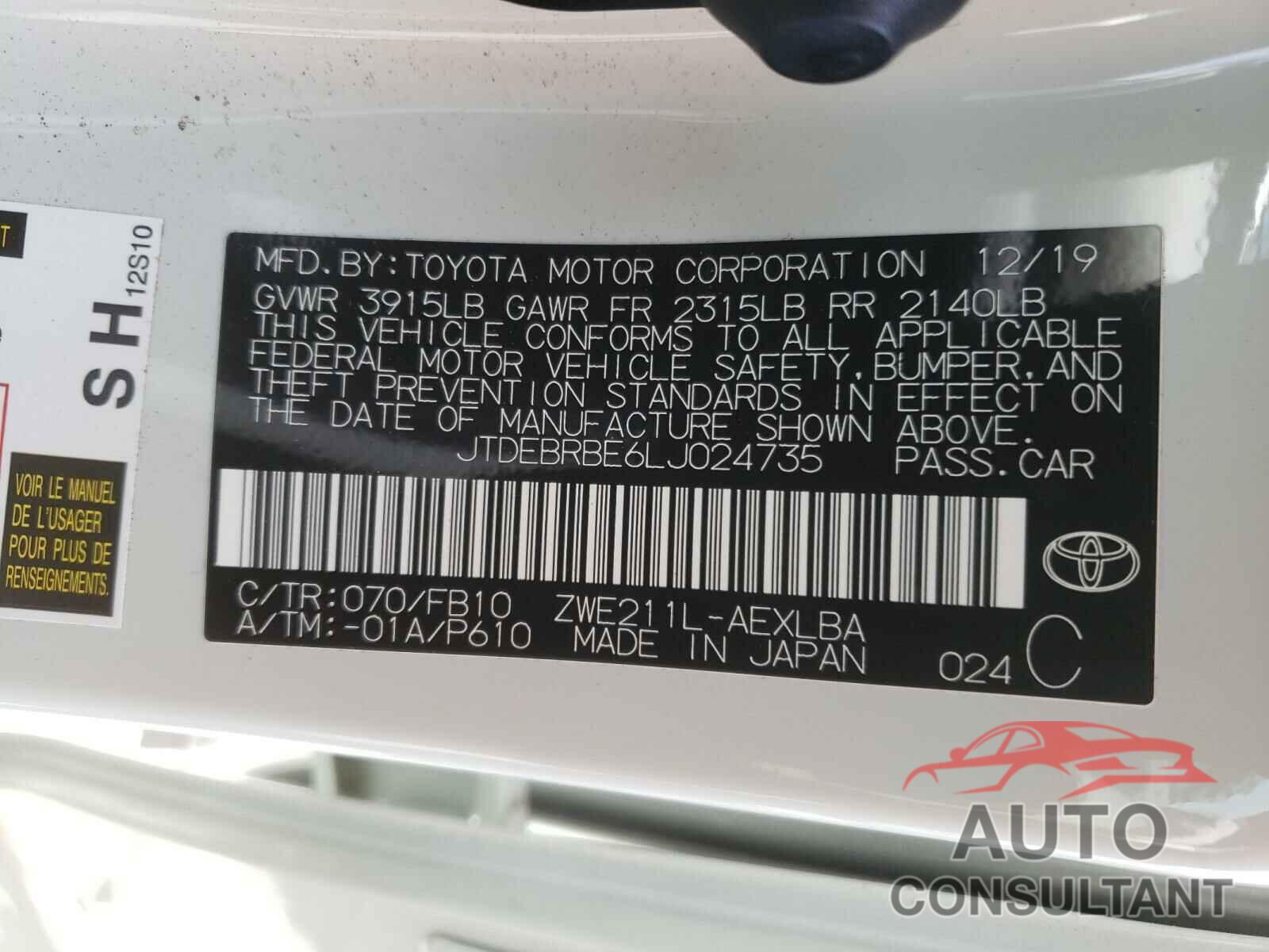 TOYOTA COROLLA 2020 - JTDEBRBE6LJ024735