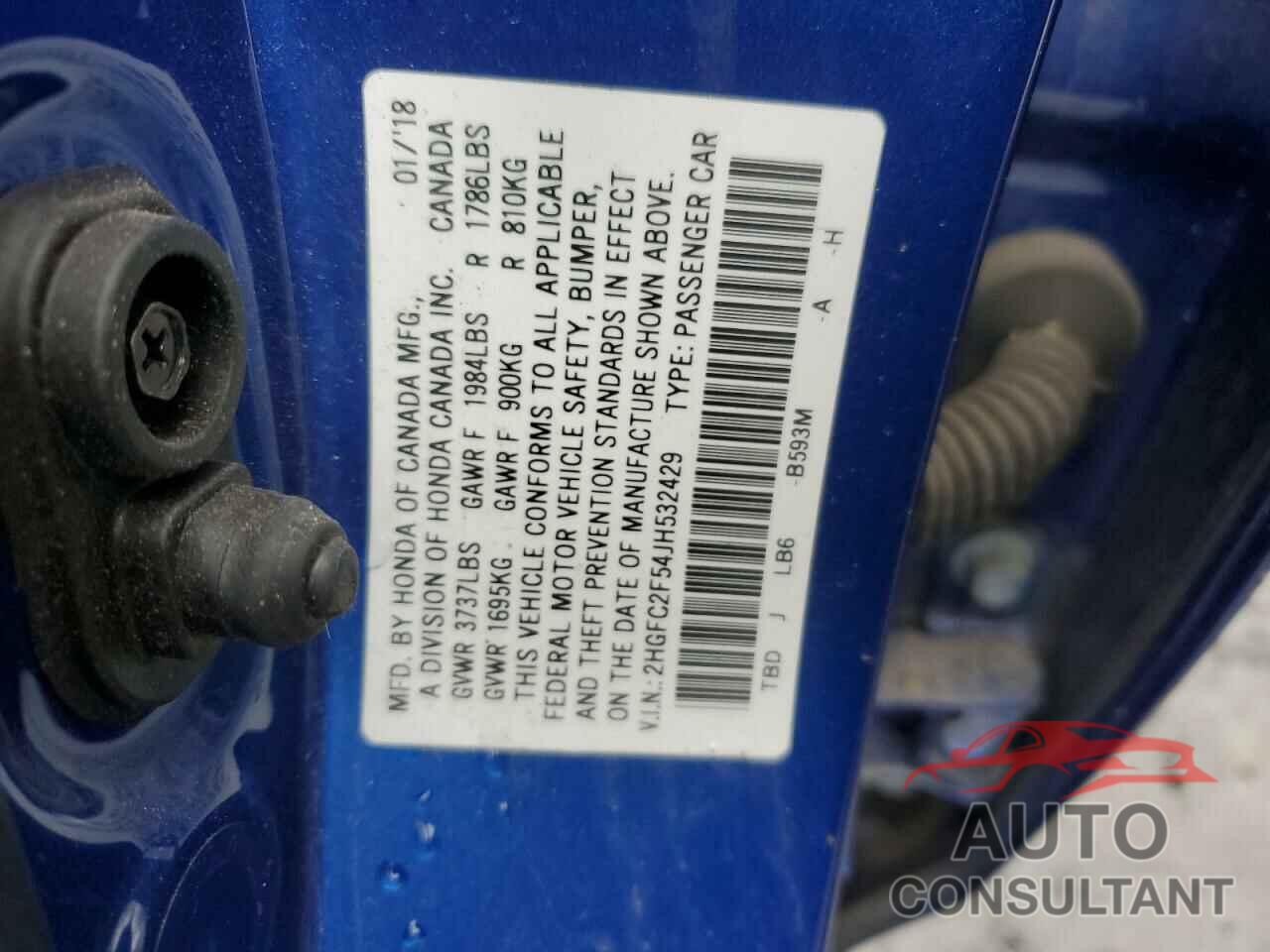 HONDA CIVIC 2018 - 2HGFC2F54JH532429