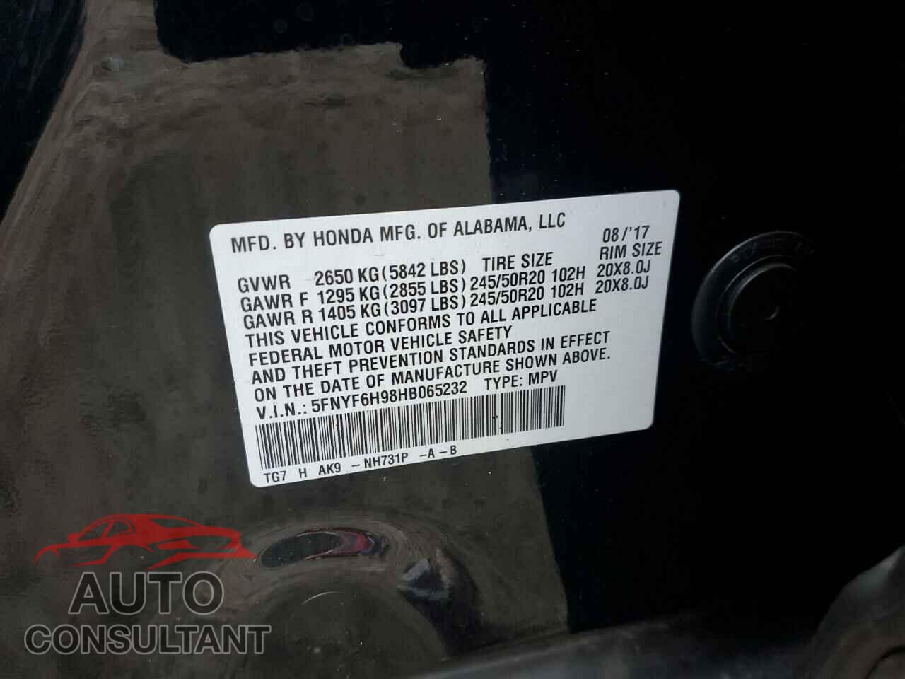 HONDA PILOT 2017 - 5FNYF6H98HB065232