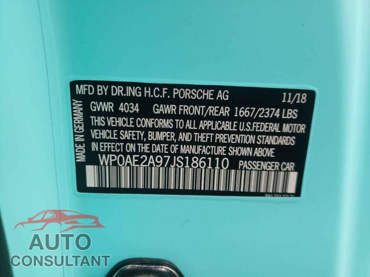 PORSCHE 911 2018 - WP0AE2A97JS186110
