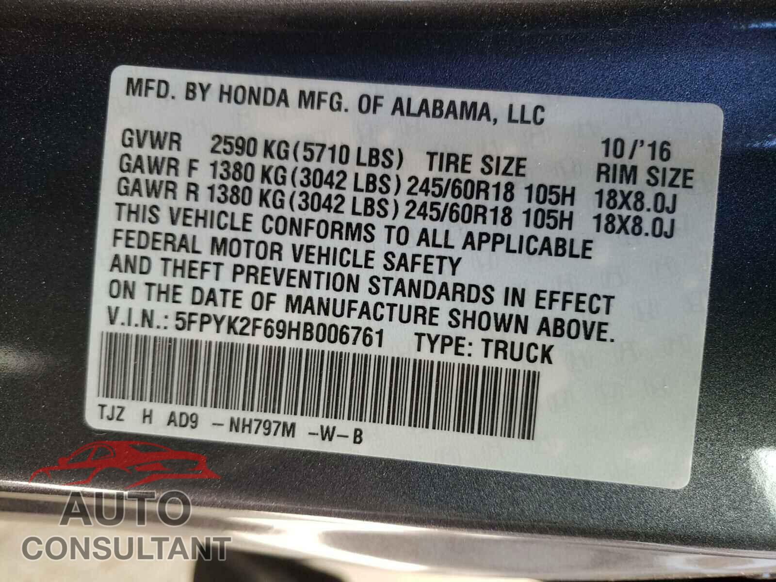 HONDA RIDGELINE 2017 - 5FPYK2F69HB006761