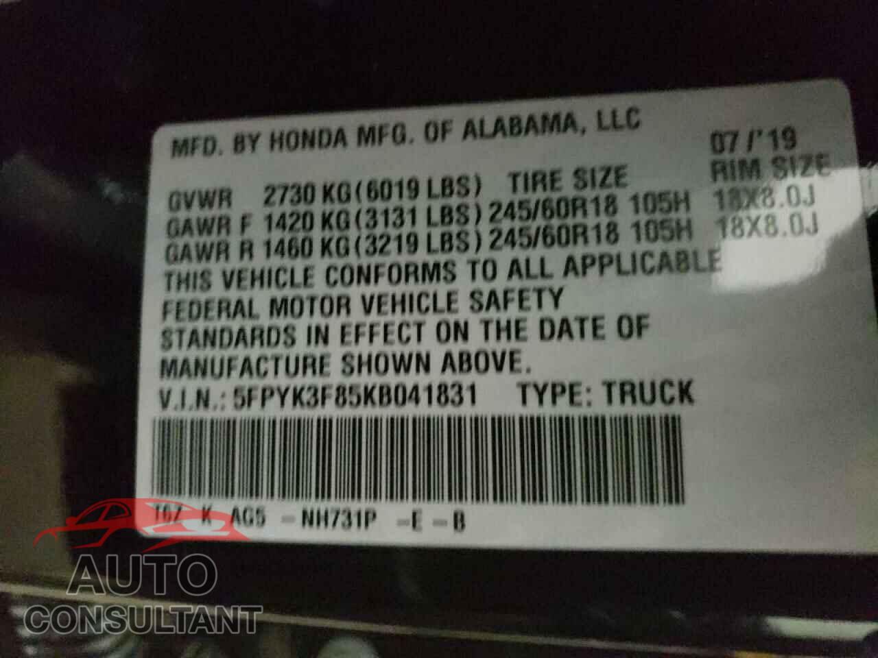 HONDA RIDGELINE 2019 - 5FPYK3F85KB041831