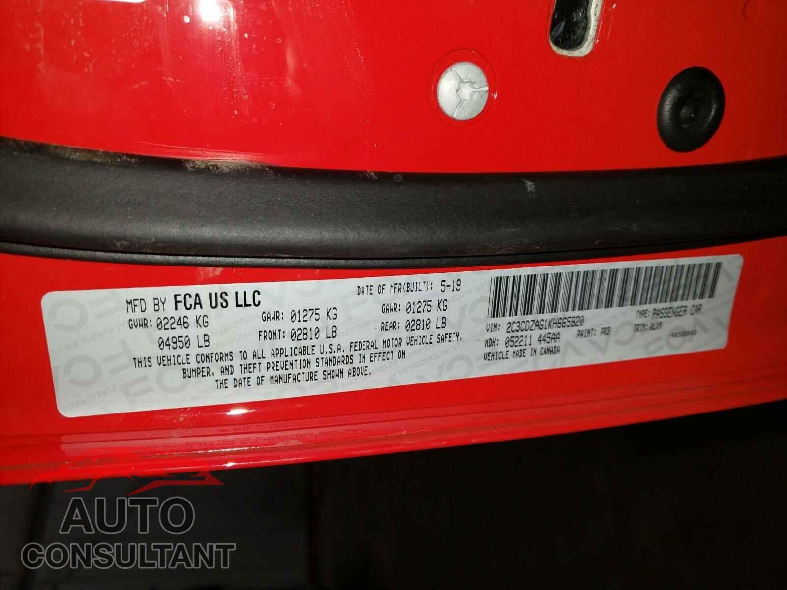 DODGE CHALLENGER 2019 - 2C3CDZAG1KH665820