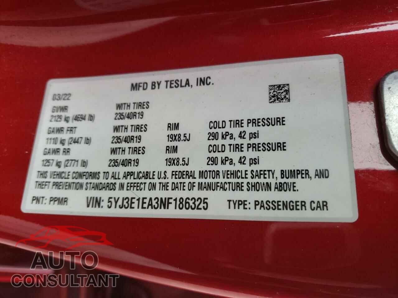 TESLA MODEL 3 2022 - 5YJ3E1EA3NF186325