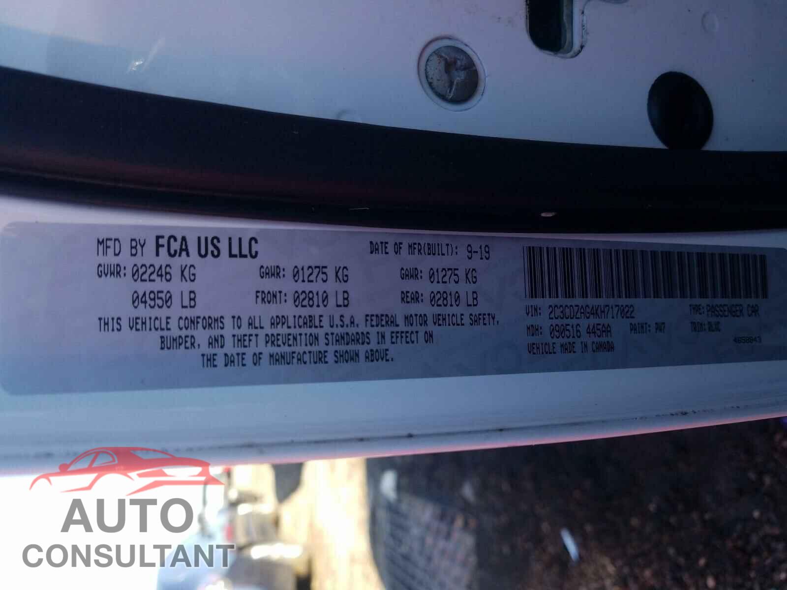 DODGE CHALLENGER 2019 - 2C3CDZAG4KH717022